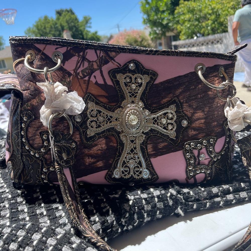 Pink and Brown Women's Bag with Cross Design